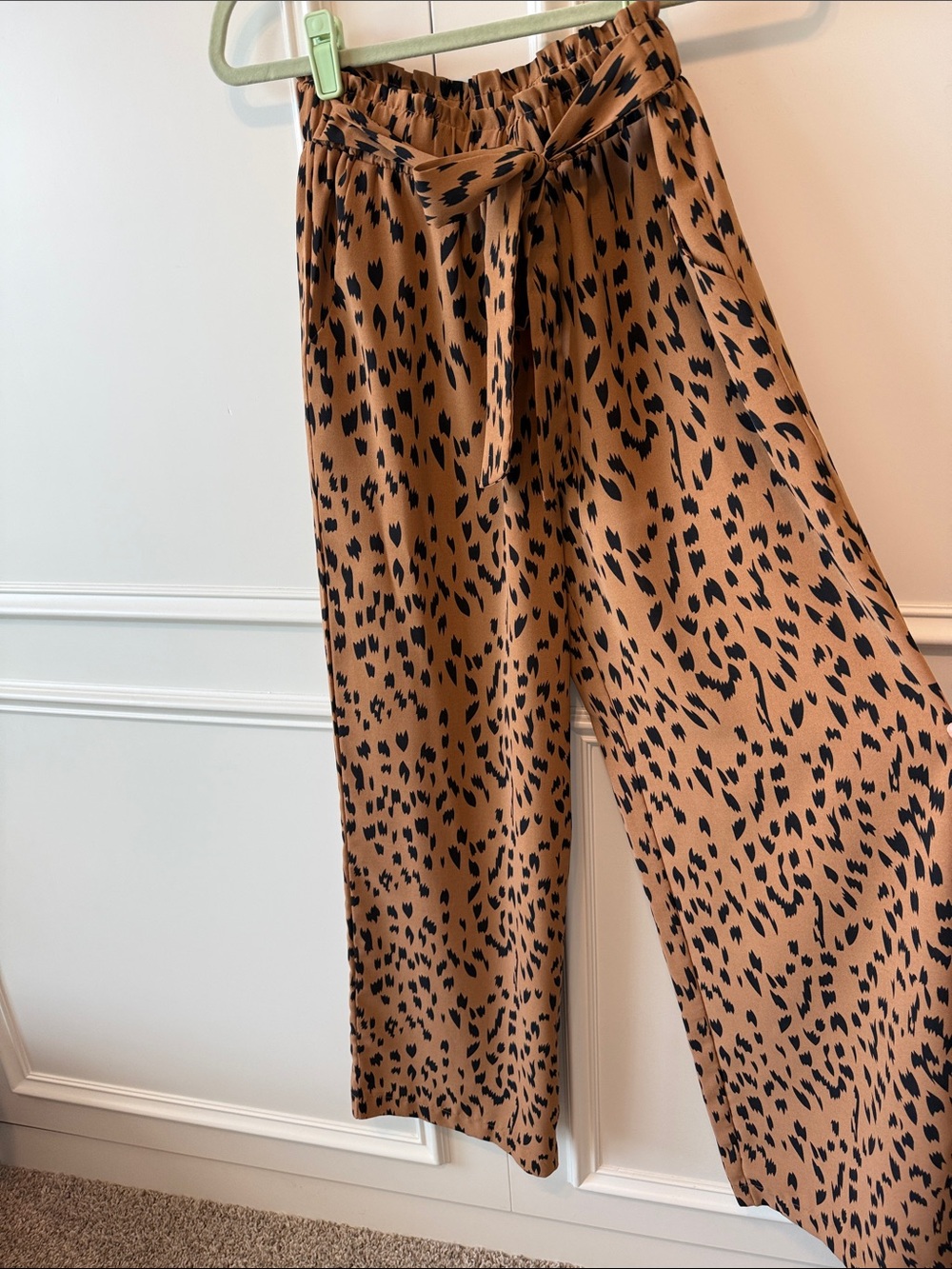 Wide-Leg Animal Print Pants in Tan/Black with Self-Tie Waist
